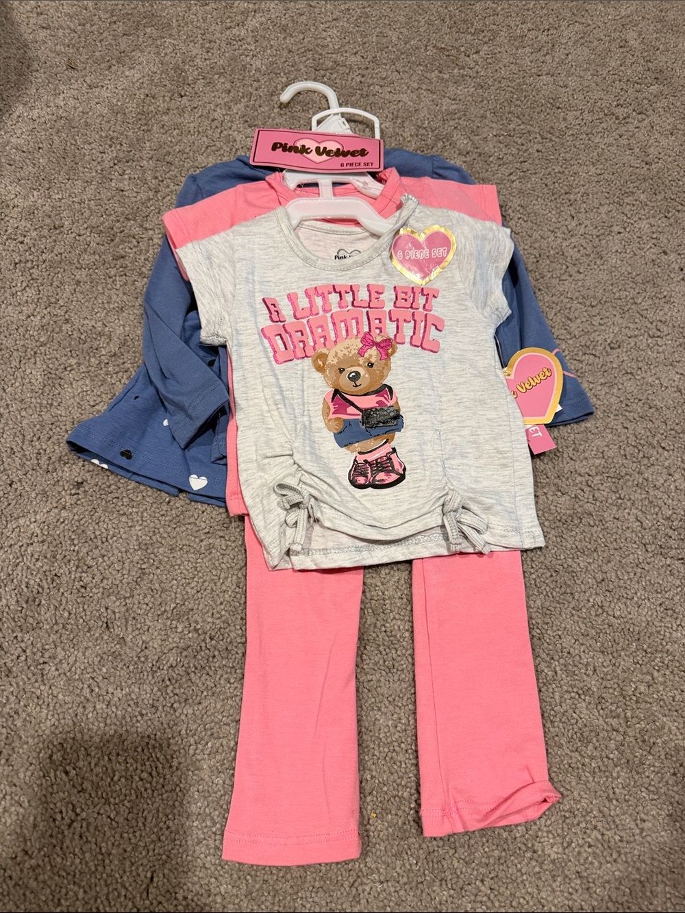 Velvet Pink & Gray Bear Graphic Pajama Set with Blue Cardigan